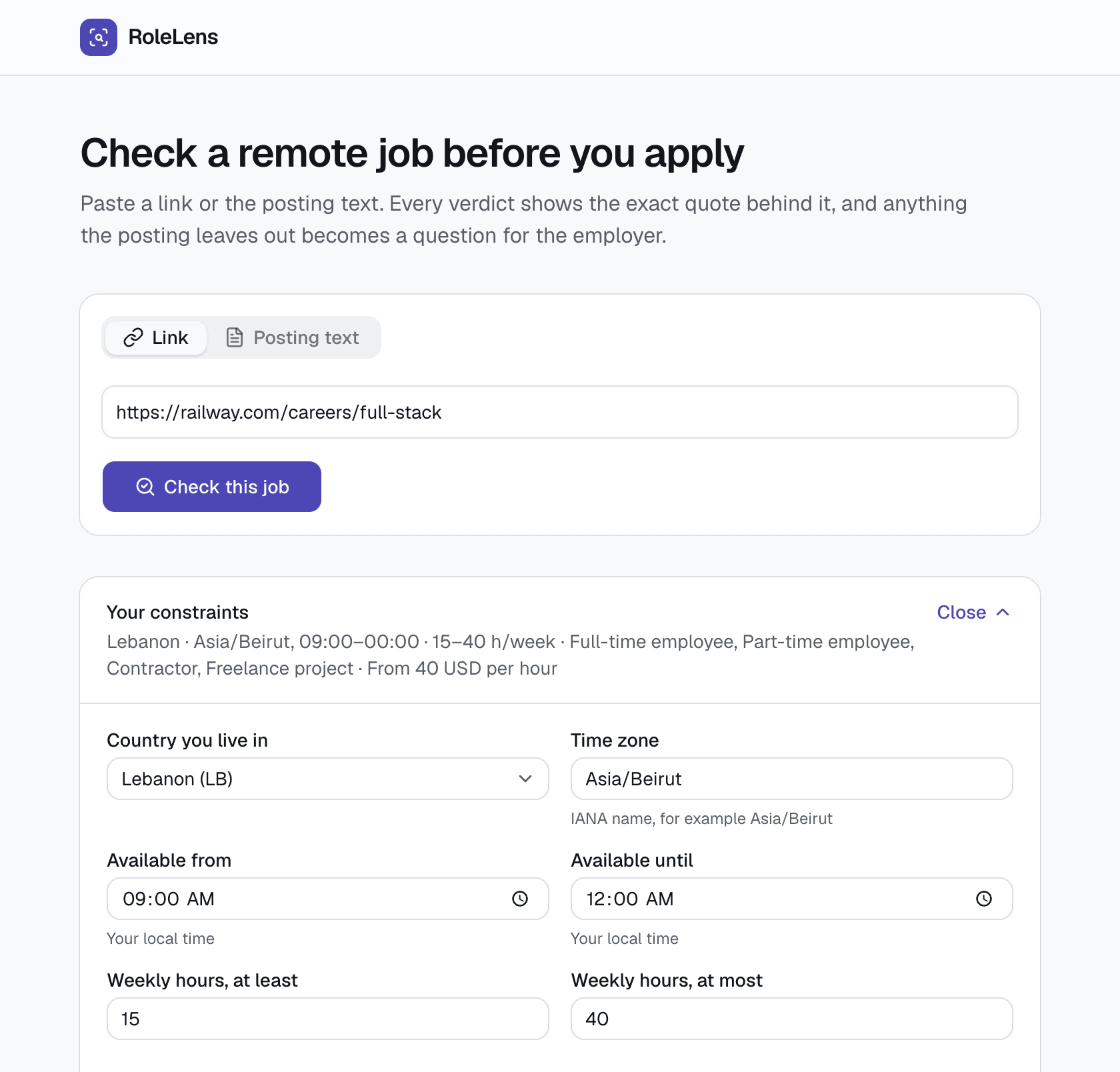 RoleLens page showing its header, job input and expanded location and availability constraints