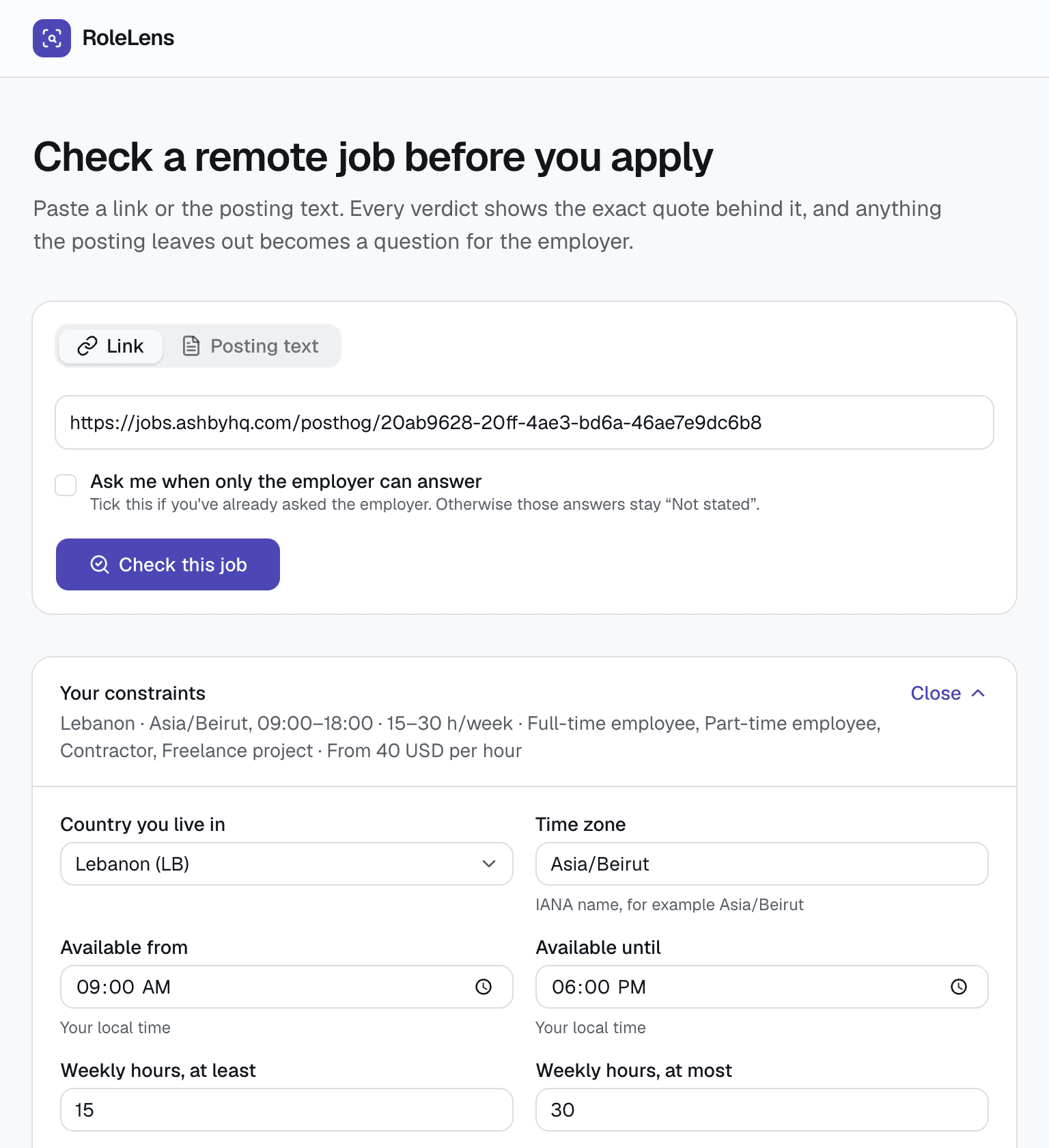 RoleLens page showing its header, job input and expanded location and availability constraints