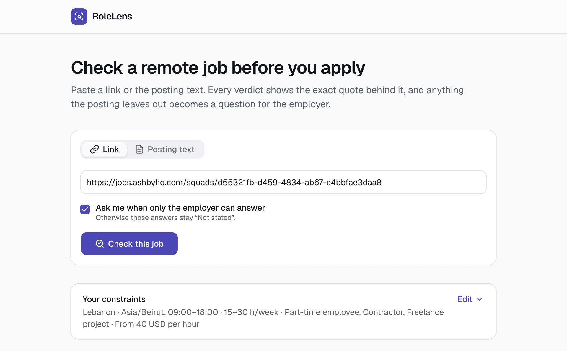 RoleLens workspace with a posting input and saved work preferences
